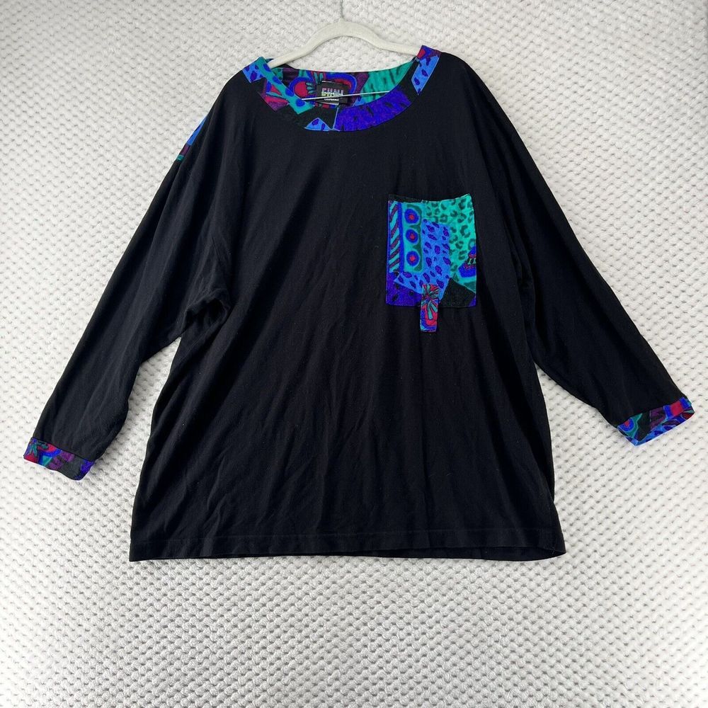 Vintage Fun Pocket Long Sleeve Top Colorful Trim Artsy Unique‎ Black 90s Size XL